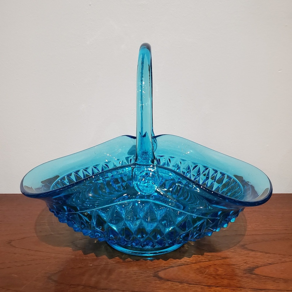 Vintage Tiara Exclusives Horizon Blue Diamond Point Glass Basket Centerpiece 70s